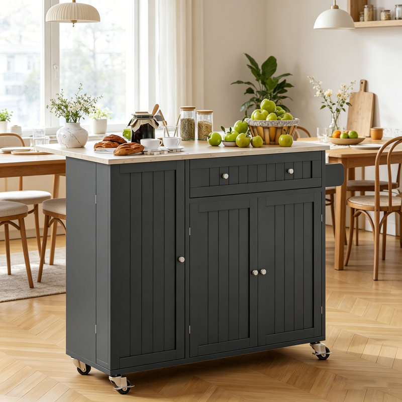 Kitchen Island with Drop Leaf,Towel Rack,Large Capacity Rolling Cart with Spice Rack and Storage, Black