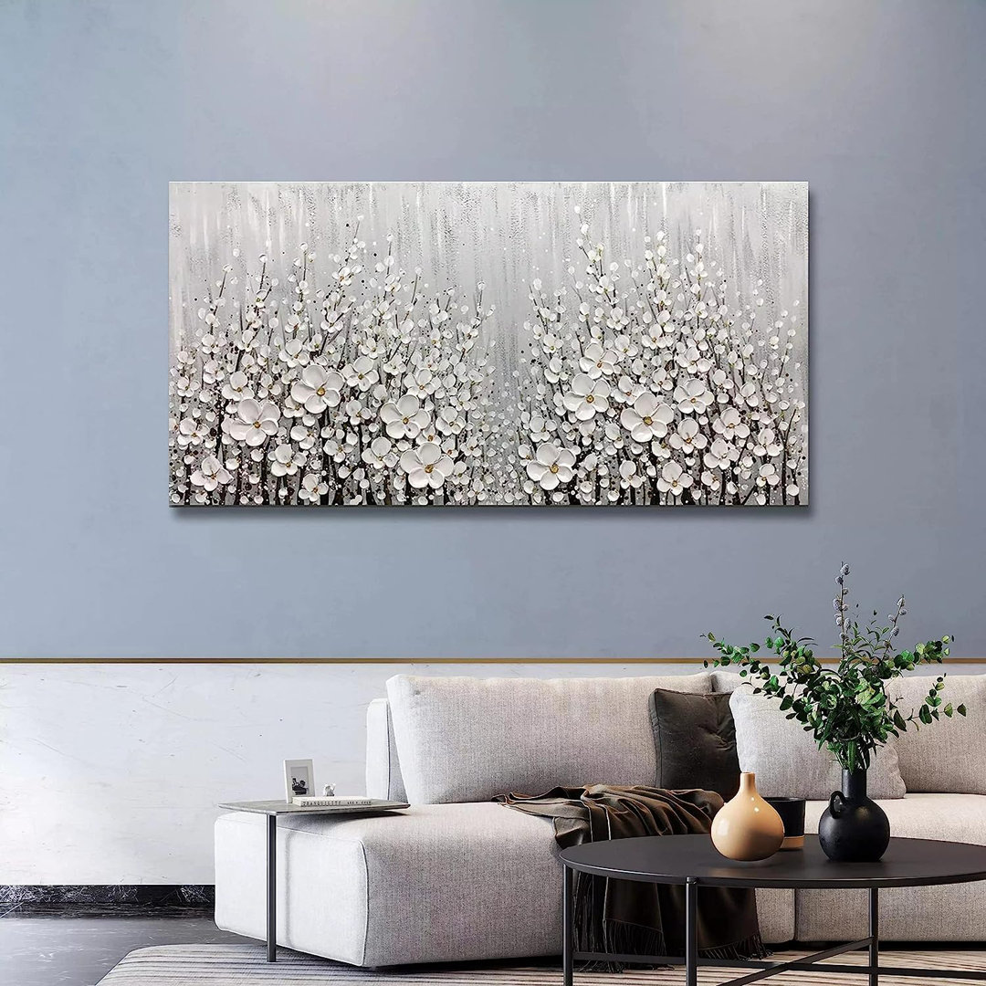 " 3D White Flowers Wall Art Abstract Canvas Oil Paintings " Red Barrel Studio®