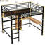 Lit mezzanine double avec métal et bois - noir et brun, structure durable, tablettes de bureau en L, espace sous le lit, gardé, aucun sommier nécessaire