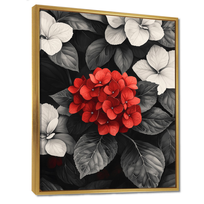 «Hortensias monochromes avec décorations de pétales rouges II», impression sur toile encadrée, H 20 po x l 12 po, Doré