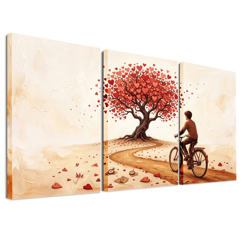 Ensemble de 3 toiles murales représentant une personne à vélo s'approchant d'un arbre en forme de cœur