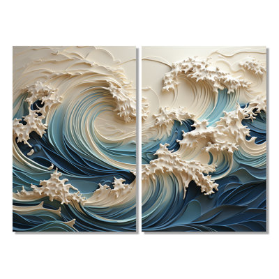 «White and Blue Wave Papercut Style III - Coastal Waves», ensemble de 2 impressions murales côtières