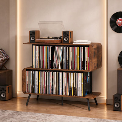 Meuble pour platine vinyle avec rangement pour disques, support en forme de S avec prises électriques intégrées et éclairage DEL, meuble stéréo ouvert pour salon