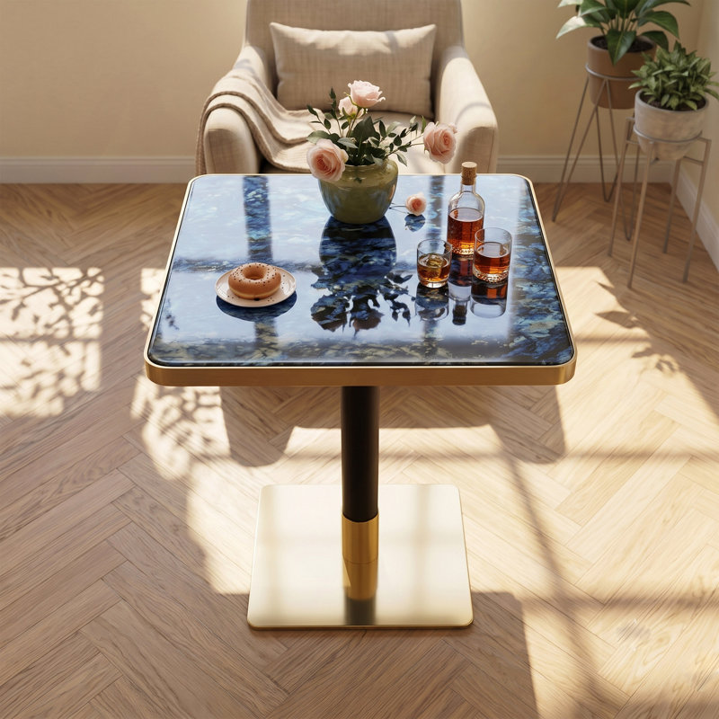 Table bistro moderne carrée, petite table basse en marbre de 23,7 po avec finition en agate bleue brillante et bordure en acier inoxydable, base piédestal en acier au carbone robuste pour les petits espaces, appartement