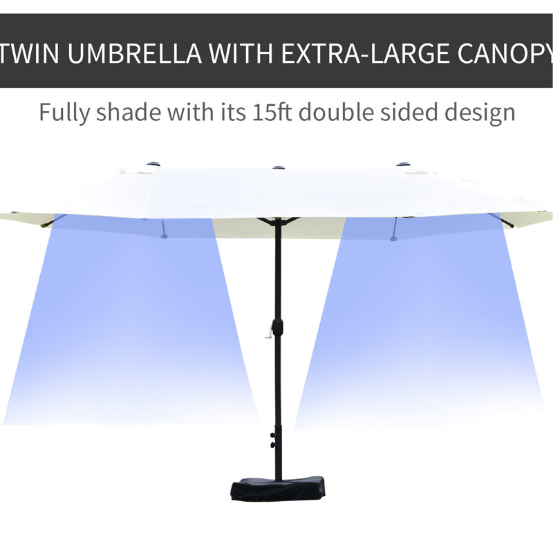 Parasol de patio beige 15 pi - marché rectangulaire en acier à double face pour écran solaire, poteau, terrasse à manivelle avec moustiquaire, nervures, à ajuster