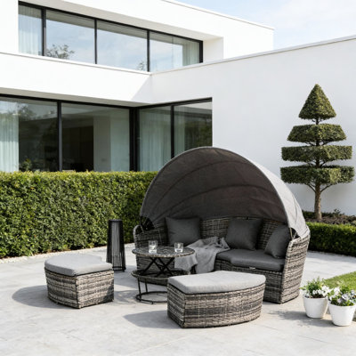 Ensemble de conversation extérieur, lit de jour convertible 4 pièces, couleur principale grise, PE, table réglable, élégant lit de jour de patio, auvent rond rétractable, coussins épais, housses lavables, assemblage requis