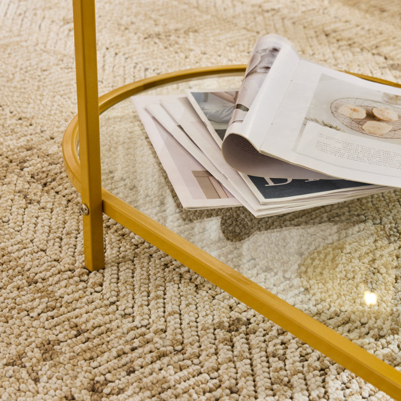 Structure ovale champagne en fer doré et table basse à double couche en verre transparent, Or champagne