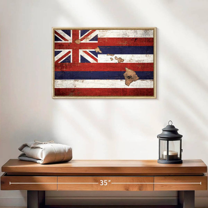 Carte d'État sur le drapeau d'Hawaï, 19 po x 13 po, Cadre flottant en bois naturel