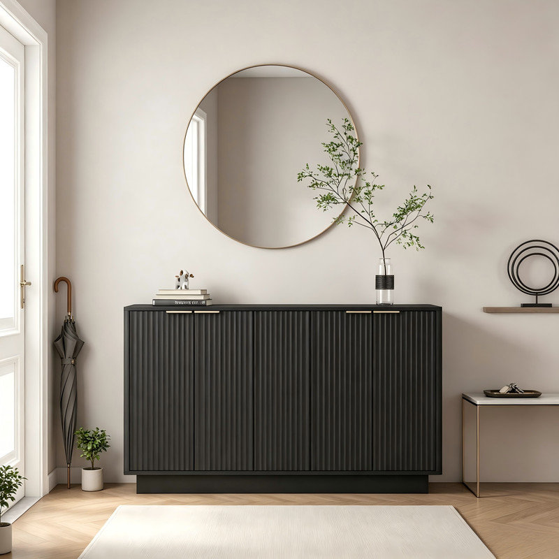 Crédence à 6 portes avec cannelures noires, armoire moderne en panneau de fibres à densité moyenne avec tablettes réglables, console de rangement polyvalente pour la salle à manger et le salon