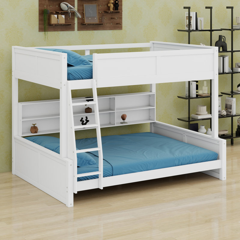 Pine Wood Bunk Bed With Storage Cabinets,Shelves, Ladder, Guardrails And Charging Station, Antique White, Full XL Over Queen