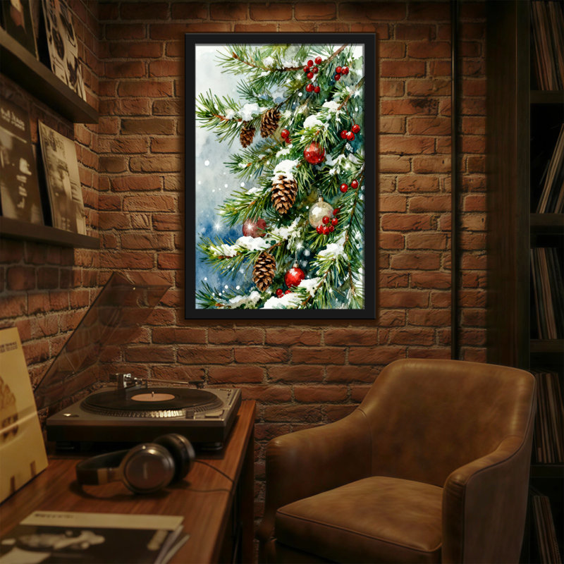 Branches de pin enneigées de Noël avec baies et ornements, H 18 po x l 12 po