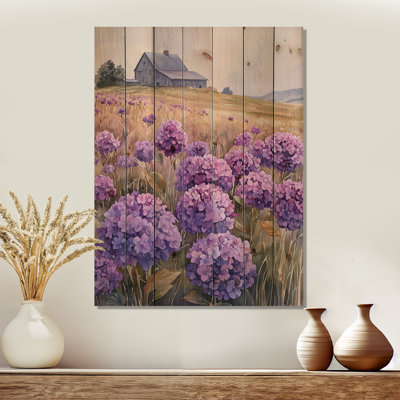 Champ d'hortensias dans la ferme laitière II - Art mural en bois d'hortensias - sur bois de pin naturel
