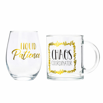 10 Strawberry Street Mother’s Day Glass Gift Set, Coffee Mug & Stemless Wine Glass, Mom Life