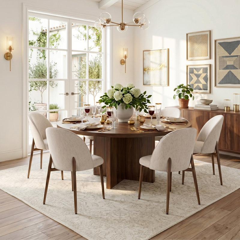 Ensemble de salle à manger 60 "rond en noyer avec 6 chaises rembourrées, Beige