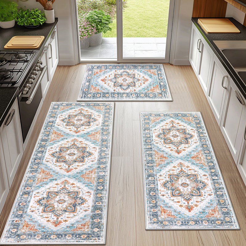 Tapis de cuisine lavable à la machine avec envers antidérapant (ensemble de 3), Bleu