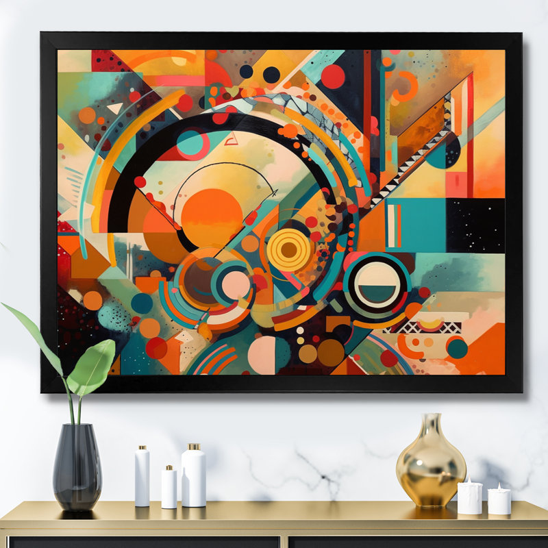 Orange et bleu, vibrations géométriques I - salon d'art mural géométrique moderne, Cadre simple noir