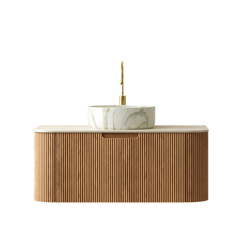 Meuble-lavabo de salle de bain flottant rond de 36 po en céramique, surface en pierre frittée, armoire naturelle et grand rangement avec glissières de tiroir à fermeture en douceur