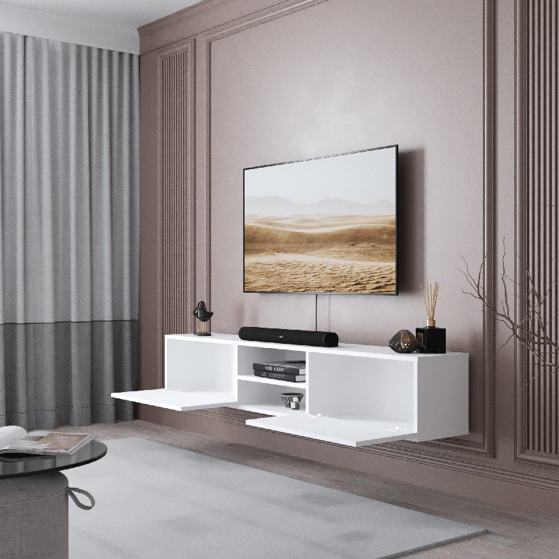 Waco 70'' Floating TV Media Console 2-Doors, Modern Wall-Mounted Wooden TV Stand White Finish, White