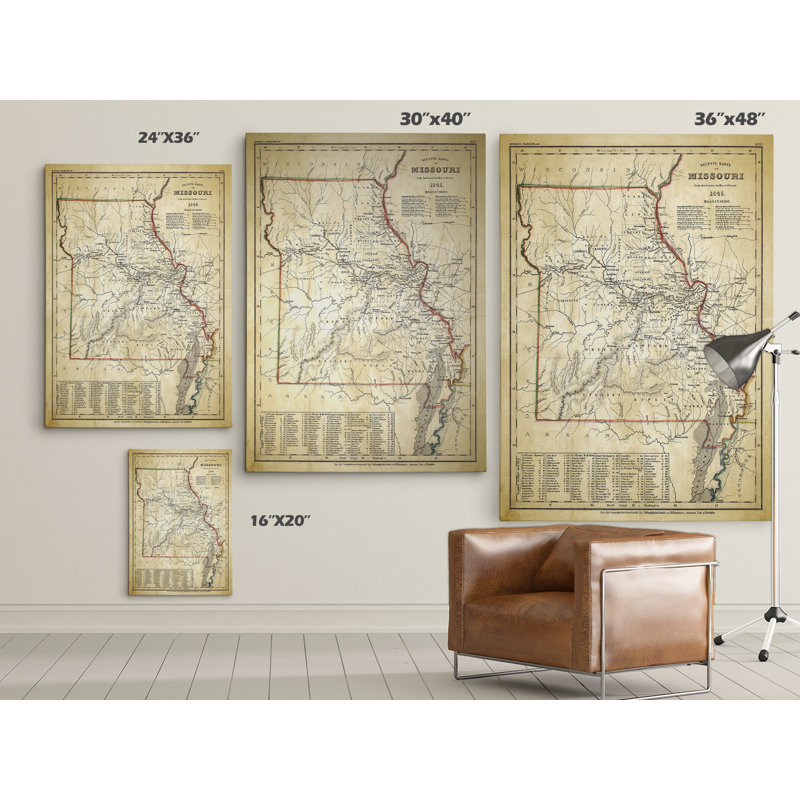 Carte antique, Missouri II, impression sur toile, H 16 po x l 20 po x P 1,5 po