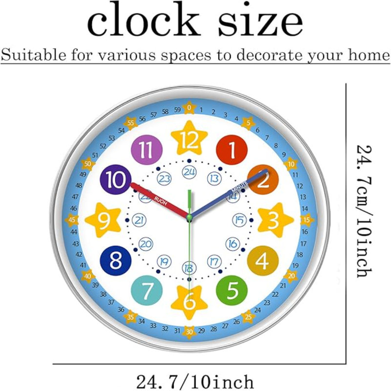 XFM Silent Wall Clock For Classroom Telling Time Teaching Clock For Kids Colorful Small Wall Clock Battery Operated 10 Inch