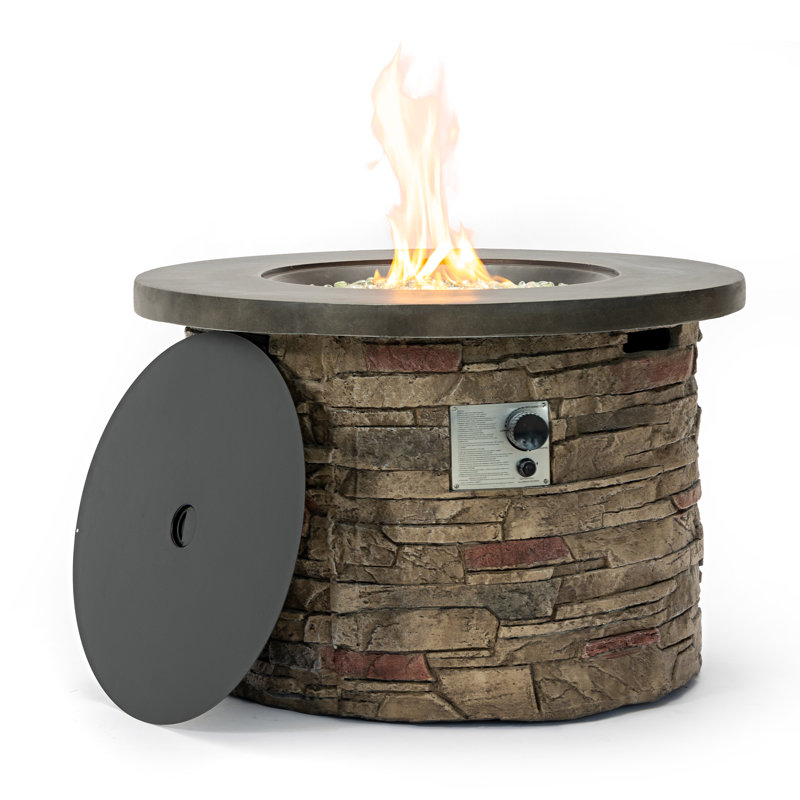 24“ H x 36" W Big Round Outdoor Propane Fire Pit Table in Faux Stone and Concrete top with Hideaway Gas Tank Space 60000BTU