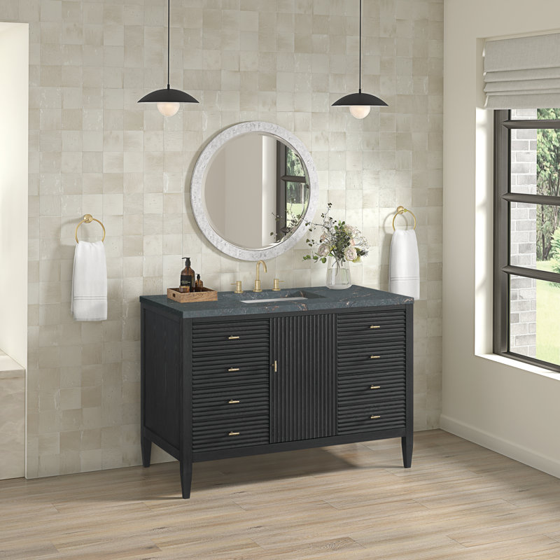 Myrrin 48'' W Single Vanity, Carbon Oak, Parisian Blue, 8" Widespread