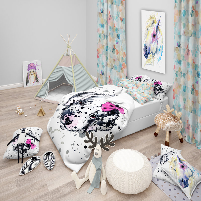 Funny Puppy with Pink Hair Band Twin Microfiber Duvet Cover Set