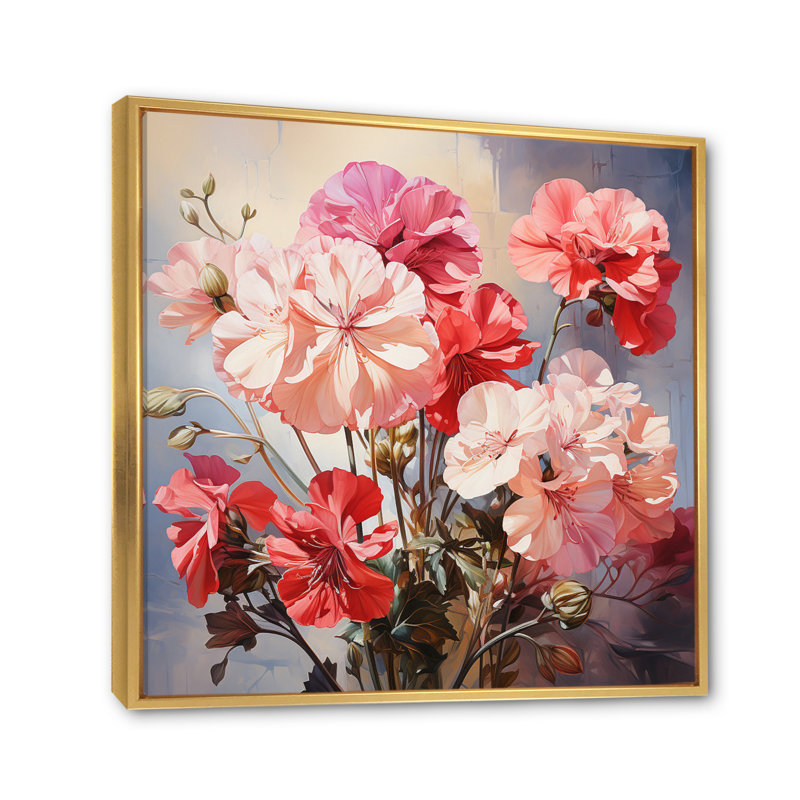 Geraniums roses gracieux II - impression, Cadre flottant doré, H 24 po x l 24 po x P 1 po