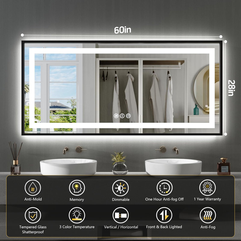 Adorna UL Certified Dimmable LED Bathroom Mirror with 3-Color Lighting, Anti-Fog & Sleek Black Frame, 60" x 28"