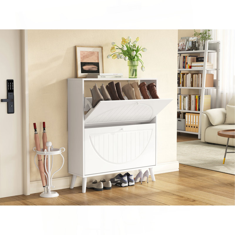 Armoire de rangement à benne basculante peu encombrante, conception étroite avec détails sculptés, pieds en bois massif, ensemble anti-basculement inclus, pour les petits espaces