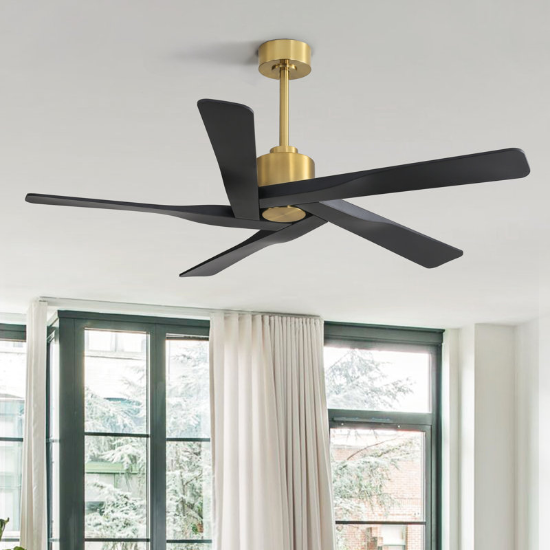 Ventilateur de plafond à pales en ABS de 54 po de largeur avec moteur à courant continu, 64", Noir mat, Doré