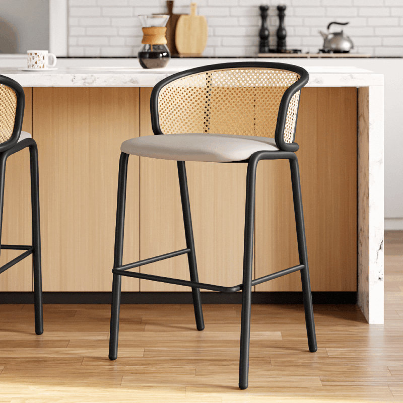 Daishun Modern Wicker Bar Stool with Fabric Seat and Powder Coated Steel Frame, Beige