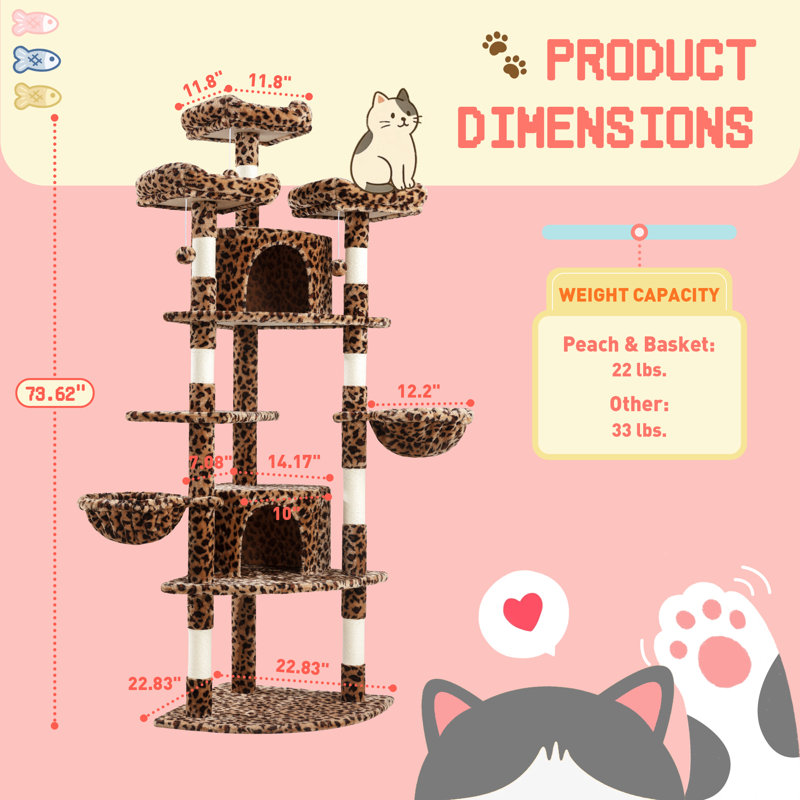 Arbre à chat de 74 po de hauteur, condos et plateformes inclus avec poteaux à griffer et panier, Brun