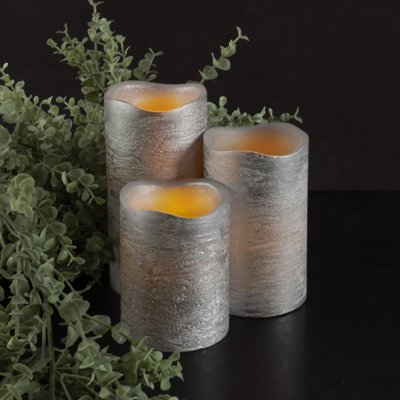 3 Piece Unscented Flameless Candle Set - Pillar Candles with Timer and Distressed Metallic Finish