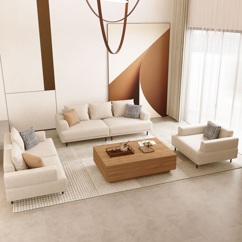 Ensemble de salon moderne 3 pièces avec canapé de 82,67 pouces et 2 fauteuils à assise profonde pour bureau de salle familiale beige