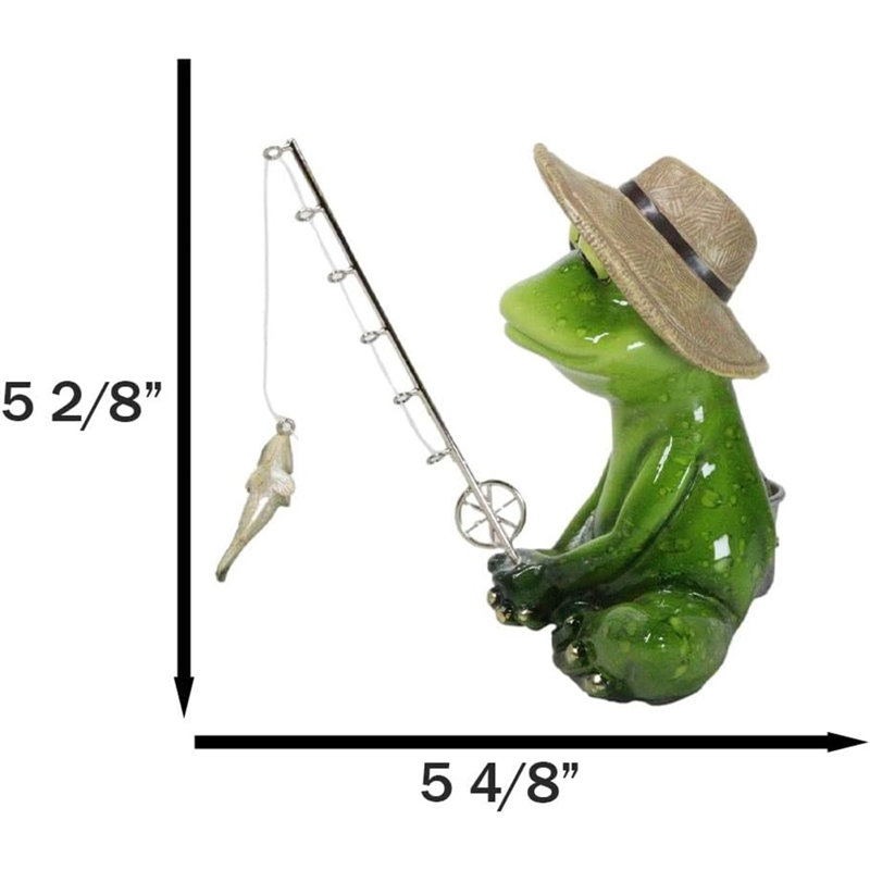 Catch Of The Day Green Frog Rod Fishing And Wearing Fisherman Hat Figurine