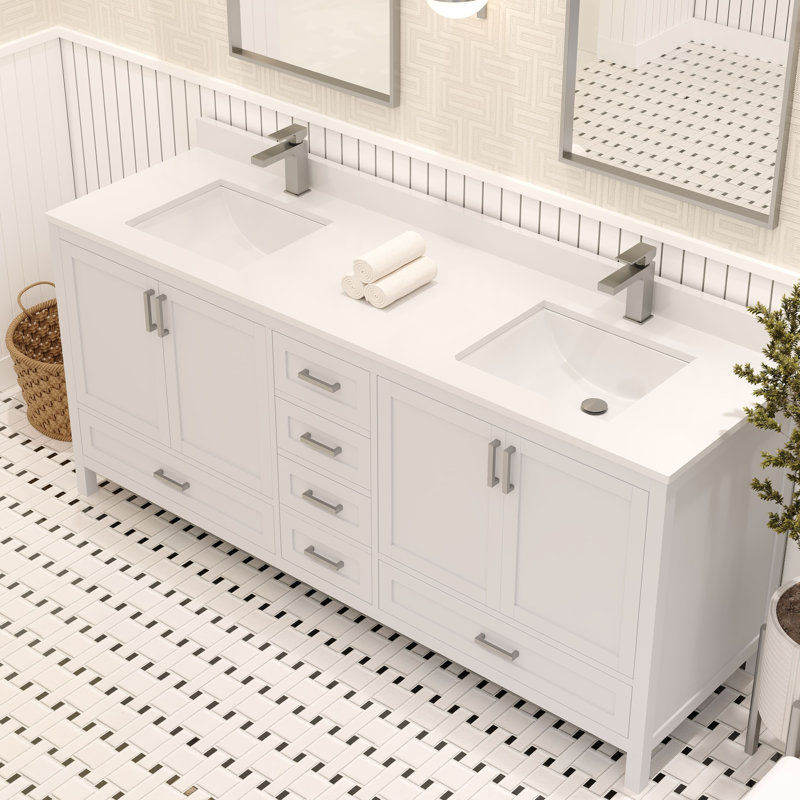 Meuble-lavabo double autoportant 72 po avec plateau en quartz blanc Rooh, Blanc