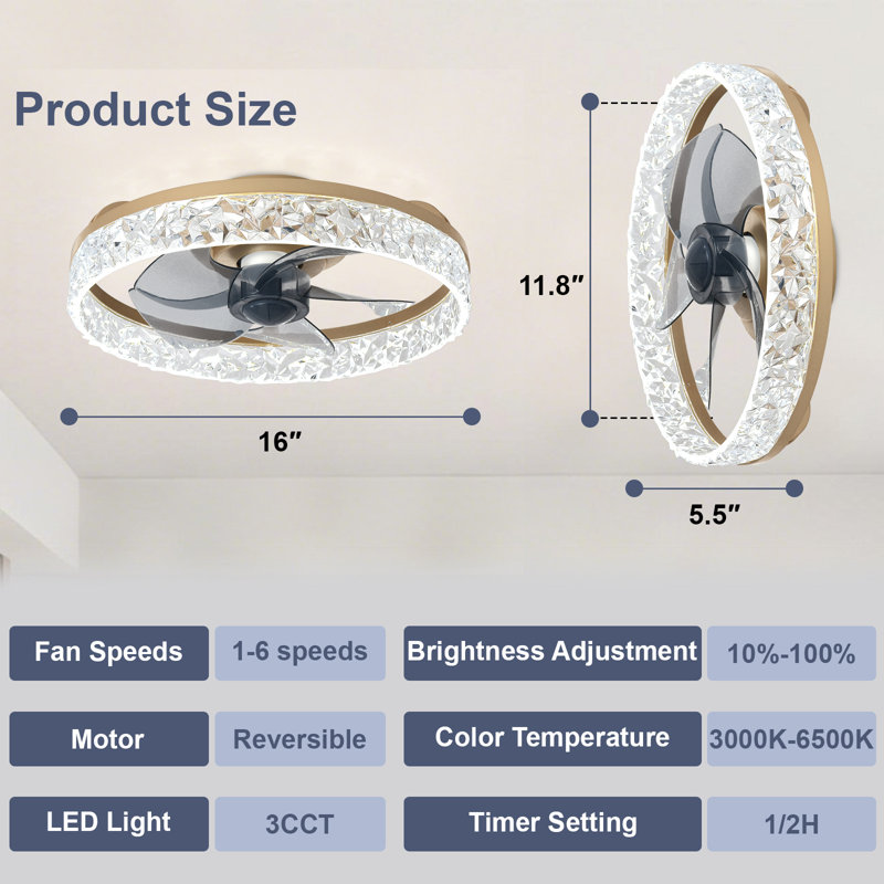 Ventilateur de plafond extra-plat Depuley 40 cm avec éclairage, silencieux, application et télécommande, DEL 3 CCT à intensité variable, montage encastré pour chambre, couleur or