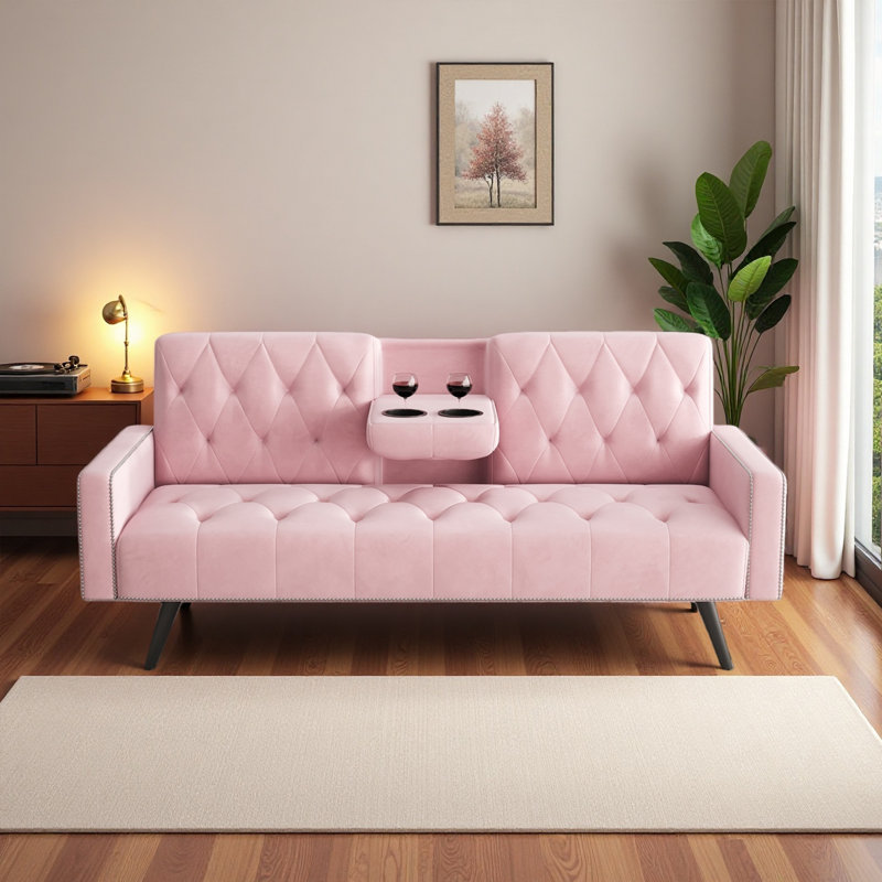 72" Velvet Upholstered Foldable Futon Sofa Bed with Nailhead Trim, 2 Cupholders and a Throw Pillow