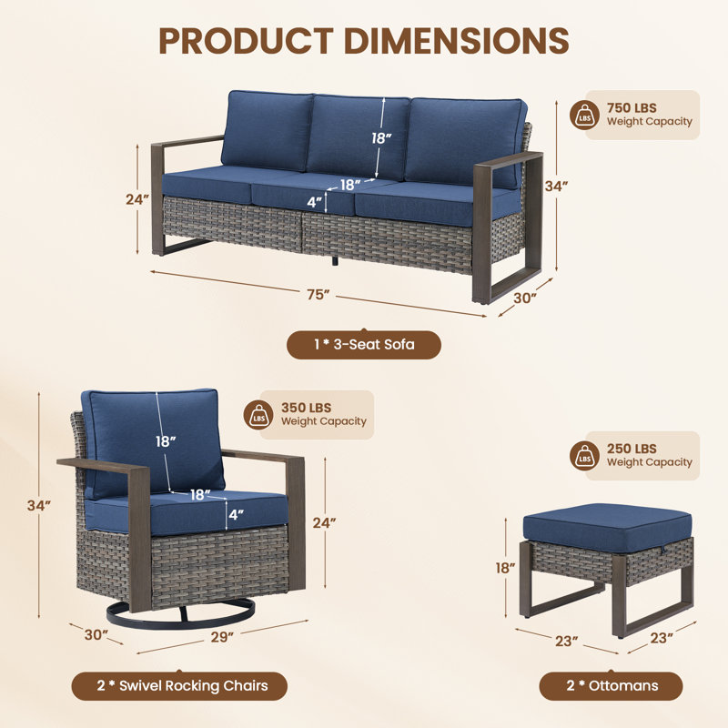 Ensemble de meubles de patio 5 pièces Allcot, canapé d'extérieur en osier avec coussins pivotants et confortables, Bleu, Gris