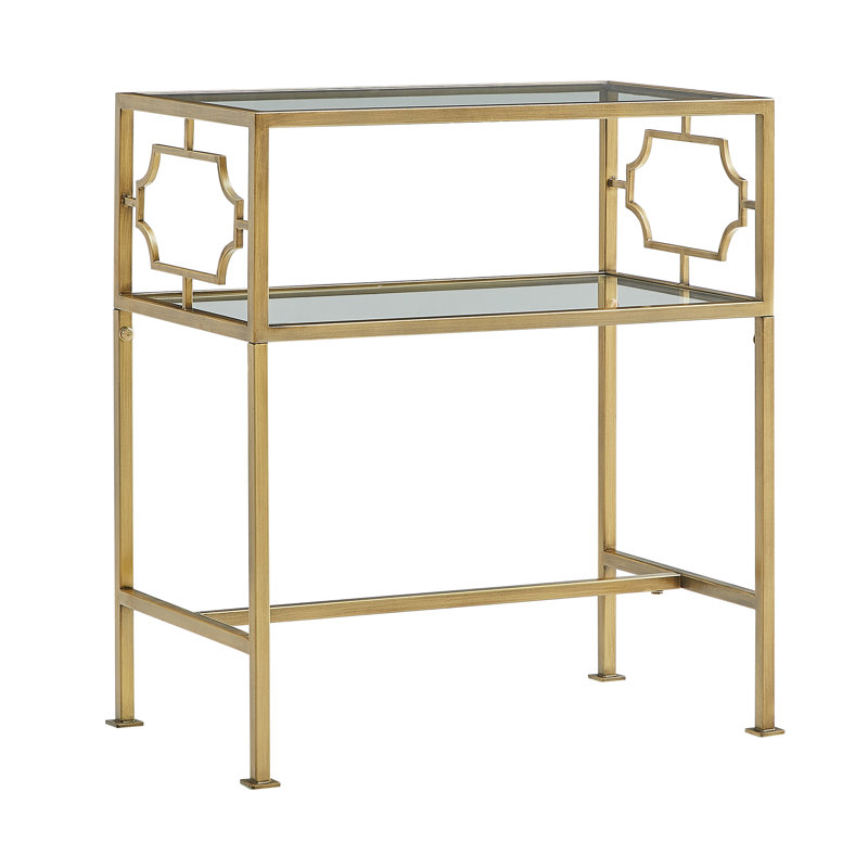 Table d'appoint rectangulaire en métal doré antique et verre trempé transparent avec tablettes à deux niveaux, support structurel de style H, patins de plancher, 21,6 lb, tablettes de 13,25 po de profondeur