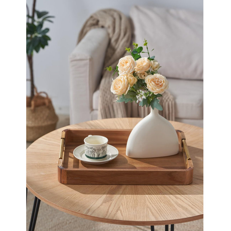 17x13 Inch Acacia Wood Ottoman Tray with Handles, Large Decorative Wooden Serving Tray with Non-Slip Pads for Coffee Table, Breakfast in Bed, Candle Display, Kitchen & Home Decor