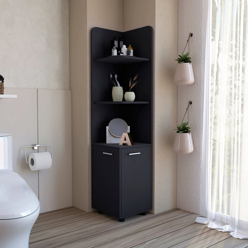 62" Tall Double Door Corner Linen Cabinet With Four Shelves Black, Black