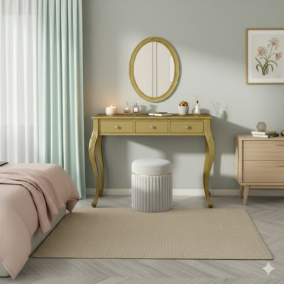 Luxury Makeup Vanity Desk With An Oval Mirror. A 3-Drawer Dressing Table For Jewelry Storage, Also Functions As An Elegant Console Table For Entryways, Living Rooms, And Bedrooms. Stylish Home Decor Piece, In Gold.