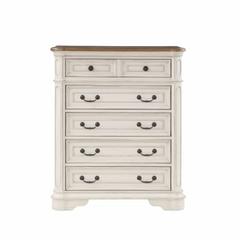 Commode 5 tiroirs Florian en chêne et blanc antique