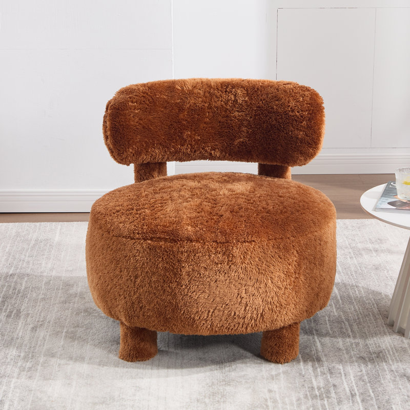 Fauteuil de chambre rembourré en fourrure kaki avec dossier incurvé et pieds solides pour un espace de vie principal - rembourrage en mousse confortable, construction, entretien simple, structure en bois à oreilles sans accoudoirs facile à assembler