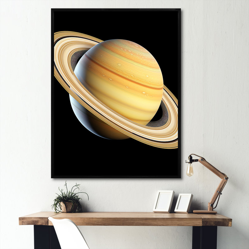 Beige et noir, planète Saturne, Cadre flottant noir, H 40 po x l 30 po x P 1,5 po