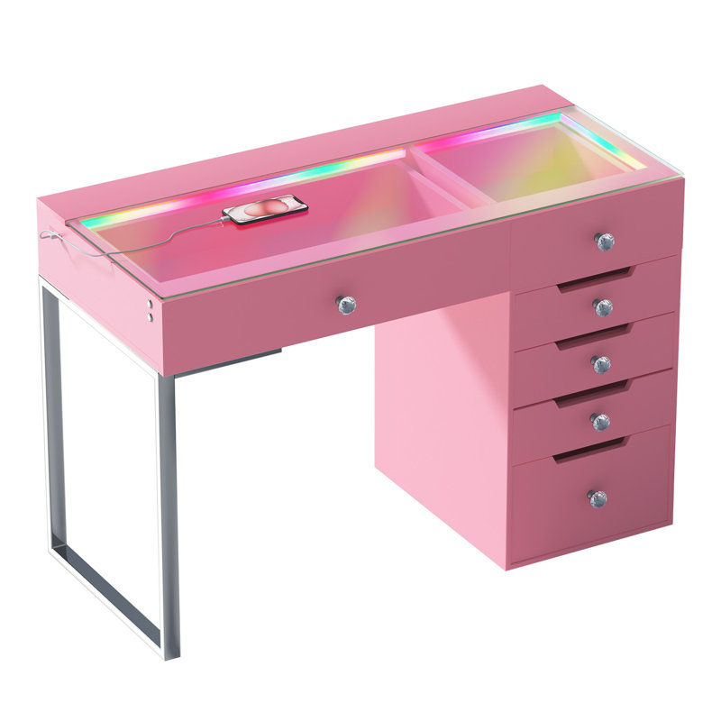 Makeup Vanity Desk HD Glass Countertop Built-in RGB Lighting Strip 6 Large Drawers Diamond Handles Very easy to assemble