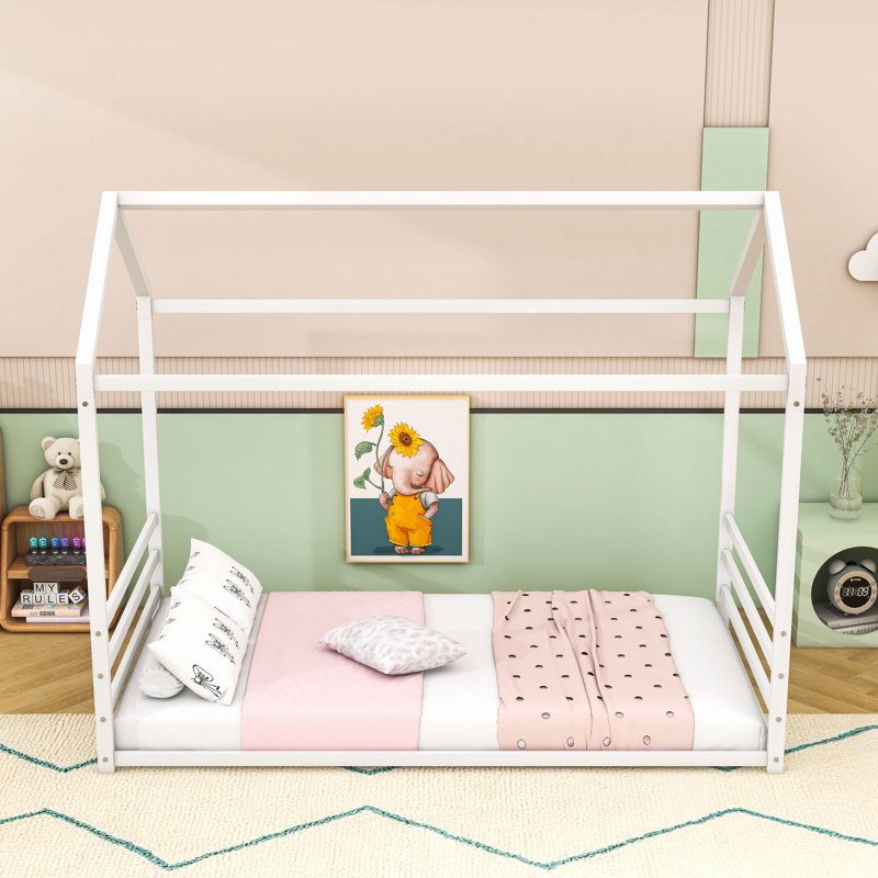 Metal Floor Bed With House-Shaped Design, Twin, White