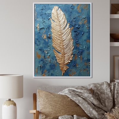 «Boho Glam Exquis Gold on Blue Feather», reproduction d'art sur toile